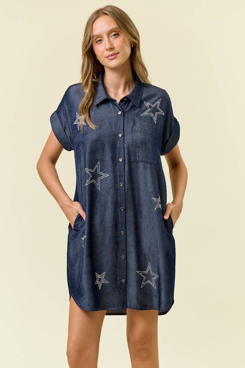 STAR STUDDED TENCEL SHIRT DRESS - 28102D