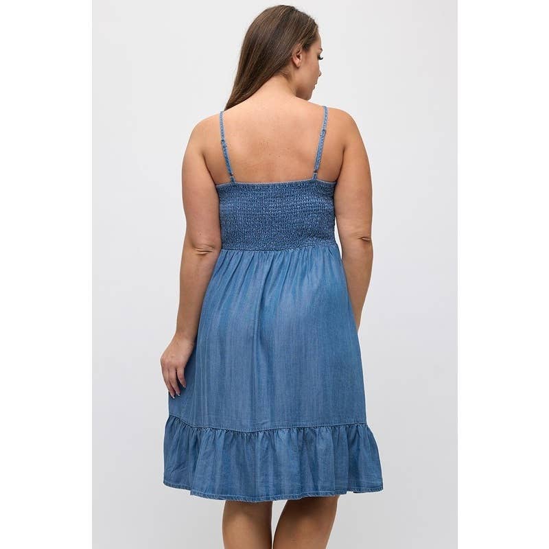 PLUS SIZE DENIM TENCEL BUTTON FRONT RUFFLE HEM MINI DRESS