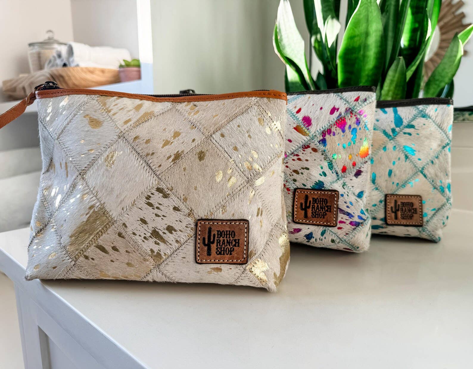 Checkered Western Cowhide Makeup Bag Travel