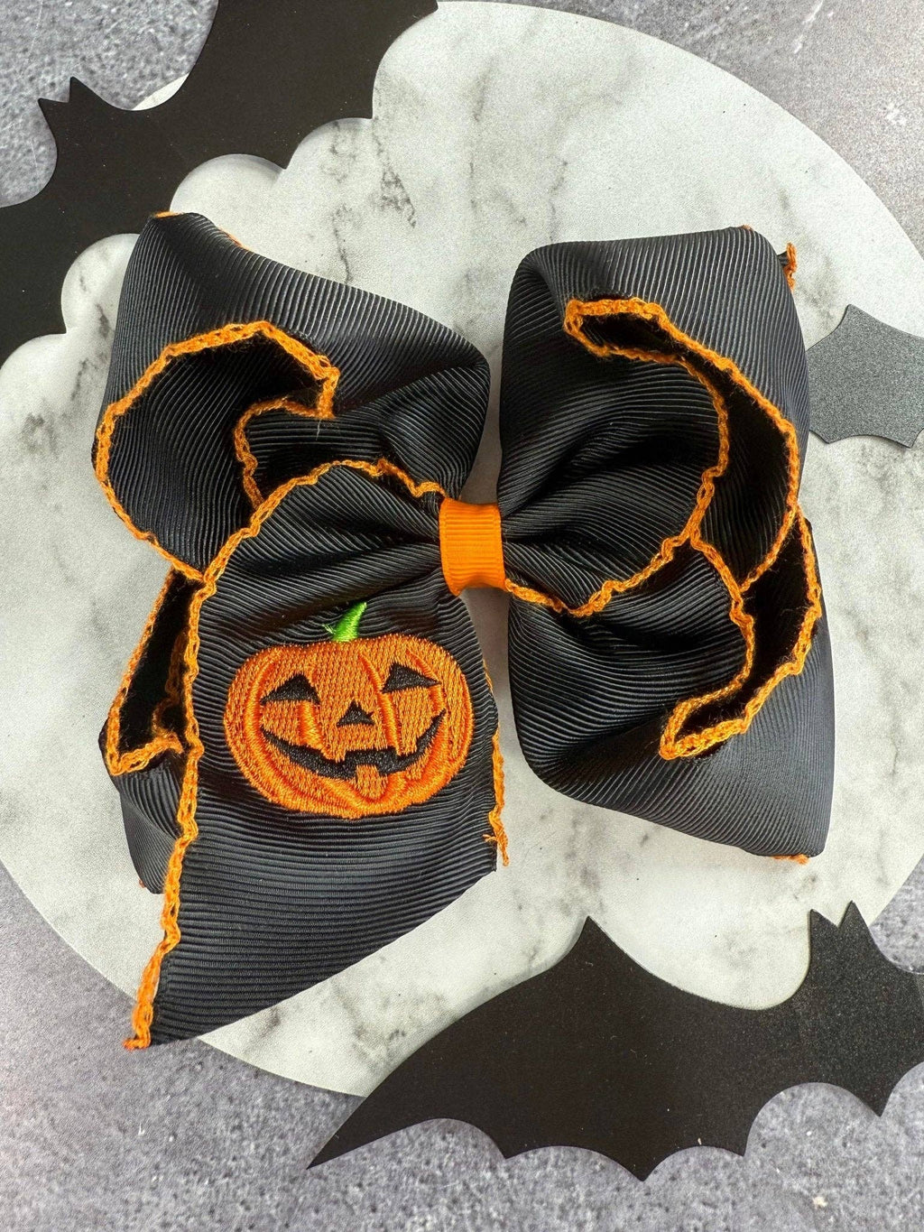 Jack-o-Lantern Embroidered Moonstitch Hair Bow | Clip or Headband