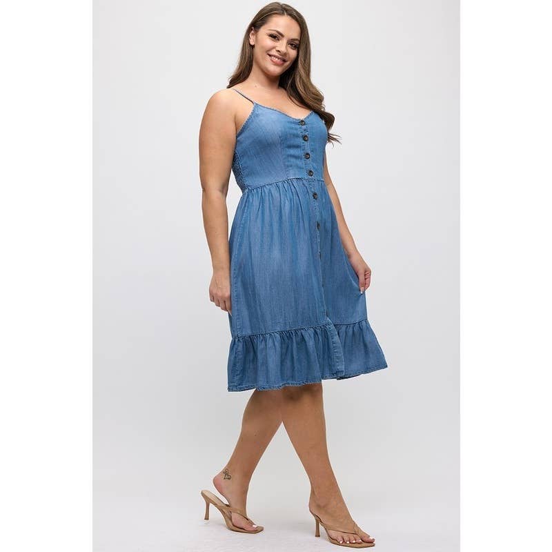 PLUS SIZE DENIM TENCEL BUTTON FRONT RUFFLE HEM MINI DRESS
