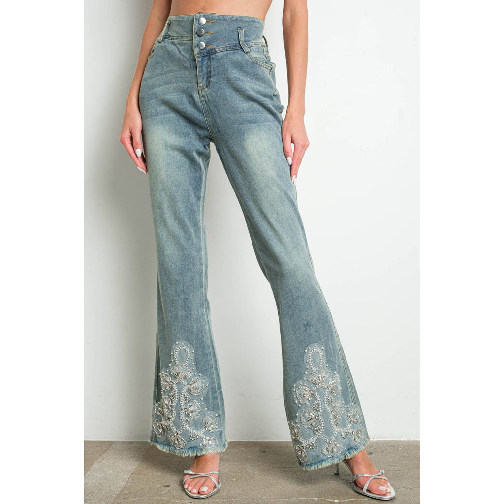 IP3253 Embellished Bell Bottom Stretch Denim Jeans