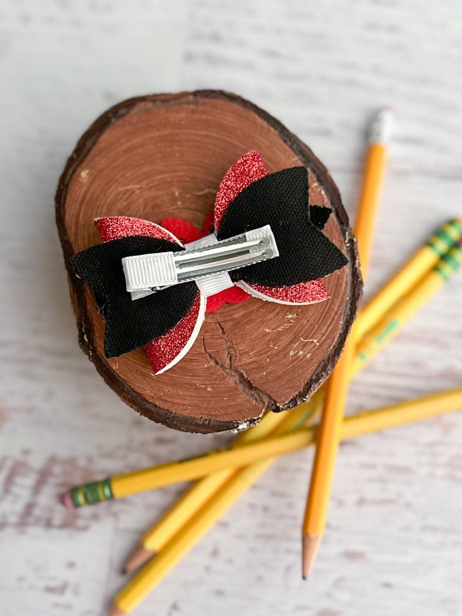 Apple & Pencil Glitter Bow Clippie