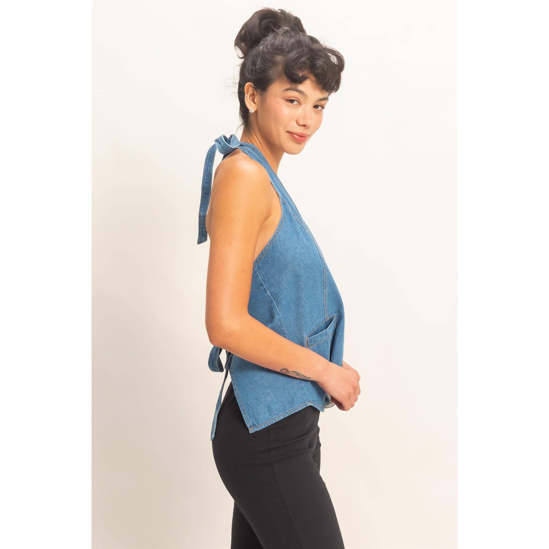 Denim Back Tie Halter Vest