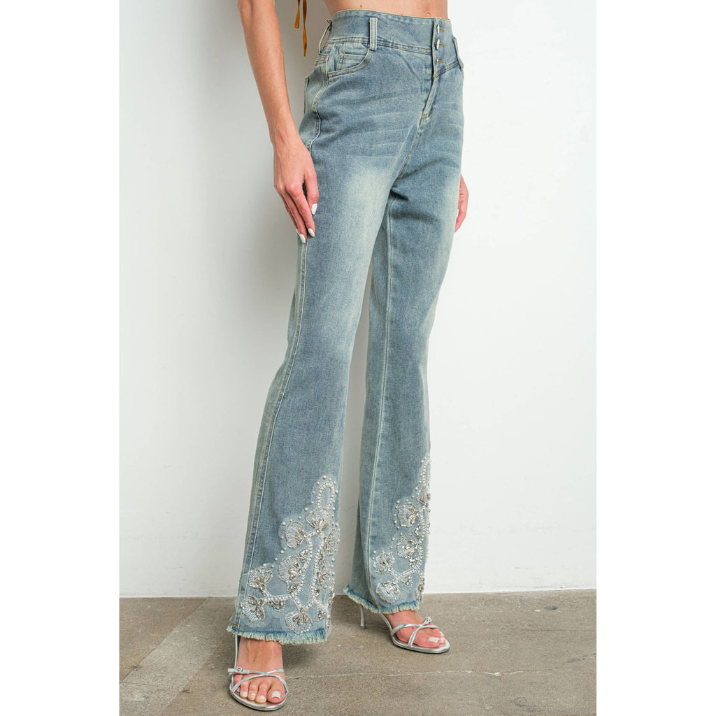 IP3253 Embellished Bell Bottom Stretch Denim Jeans