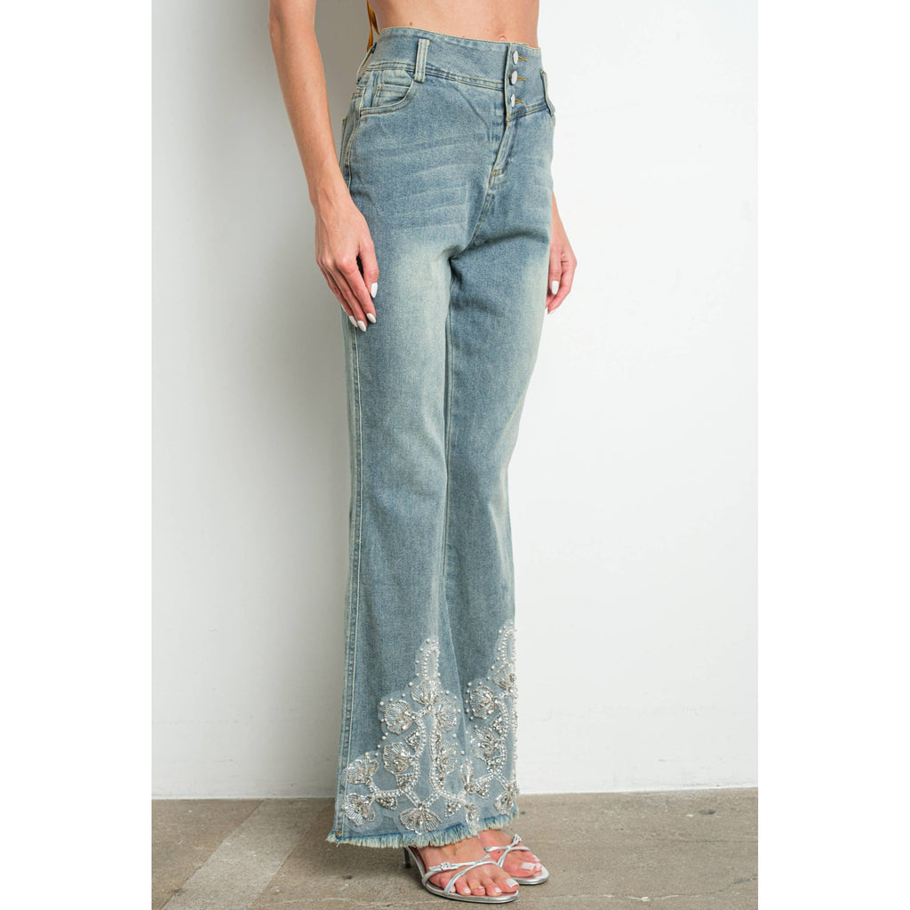 IP3253 Embellished Bell Bottom Stretch Denim Jeans