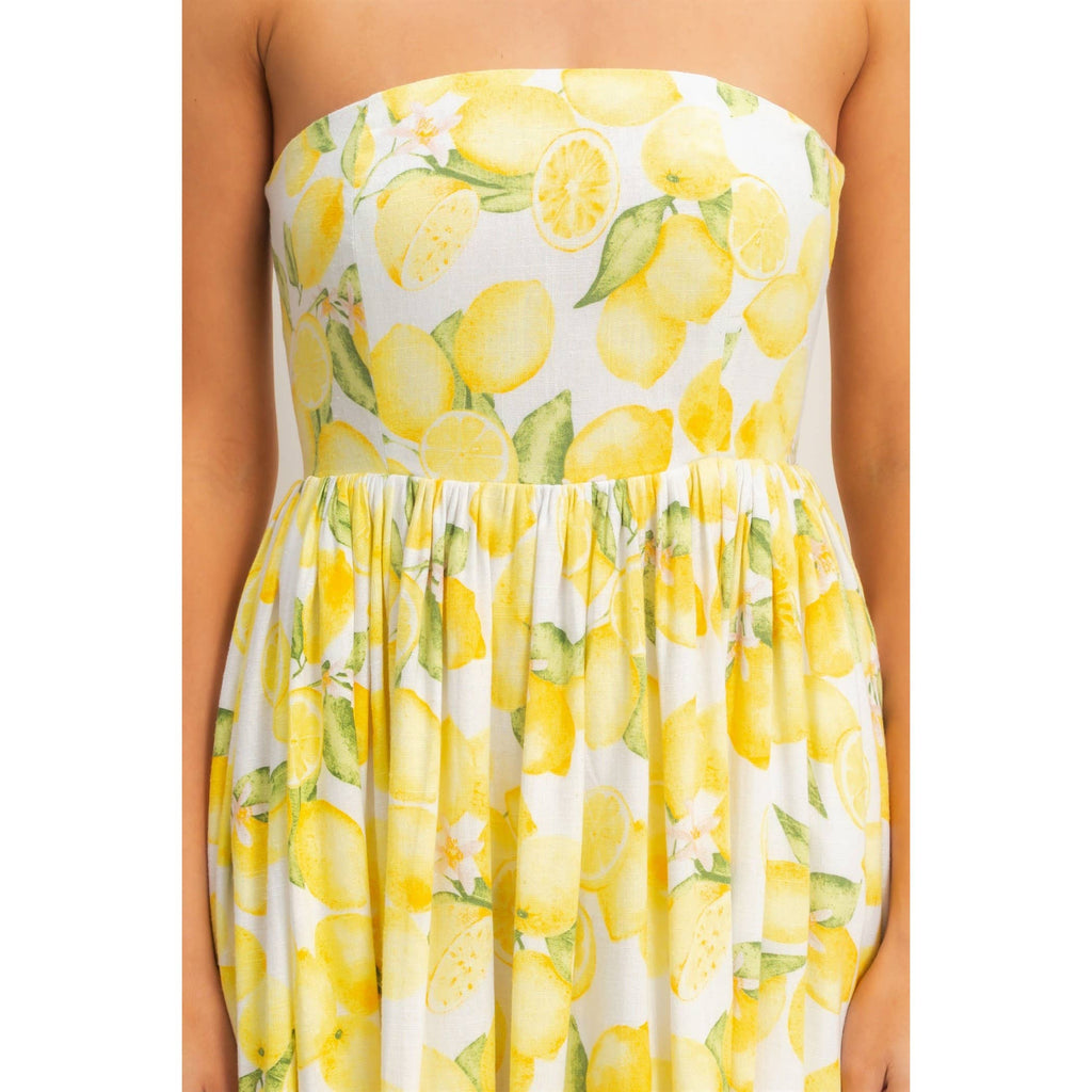 Strapless Lemon-Print Midi Dress