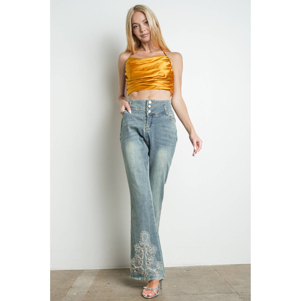 IP3253 Embellished Bell Bottom Stretch Denim Jeans