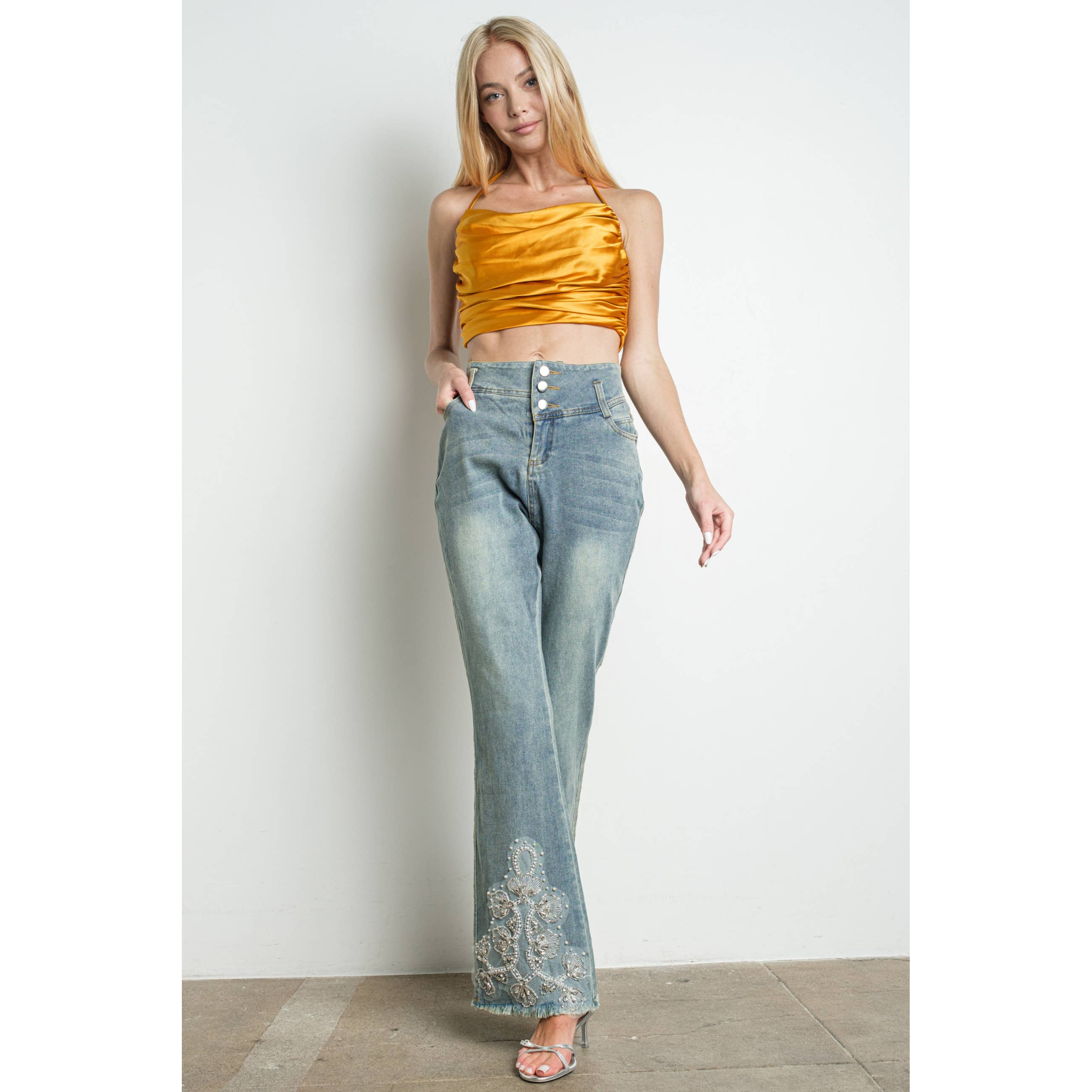 IP3253 Embellished Bell Bottom Stretch Denim Jeans