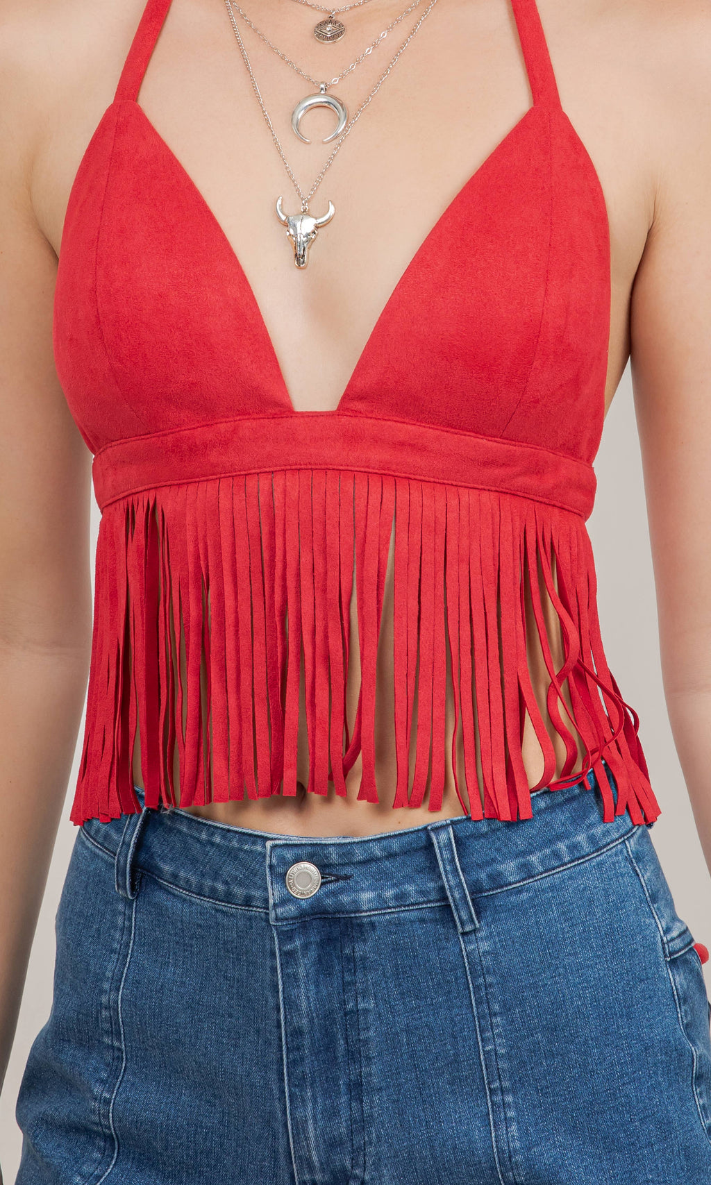 SIT7209A RED SHORT FRINGE FAUX SUEDE HALTER CROP TOP